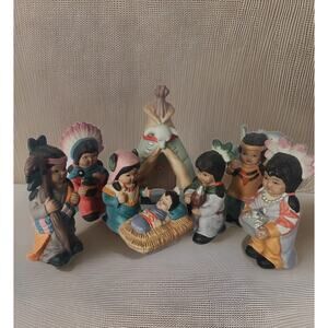 Vintage Hand Crafted Porcelain Native American Nativity Scene 8 pcs Jesus Lamb